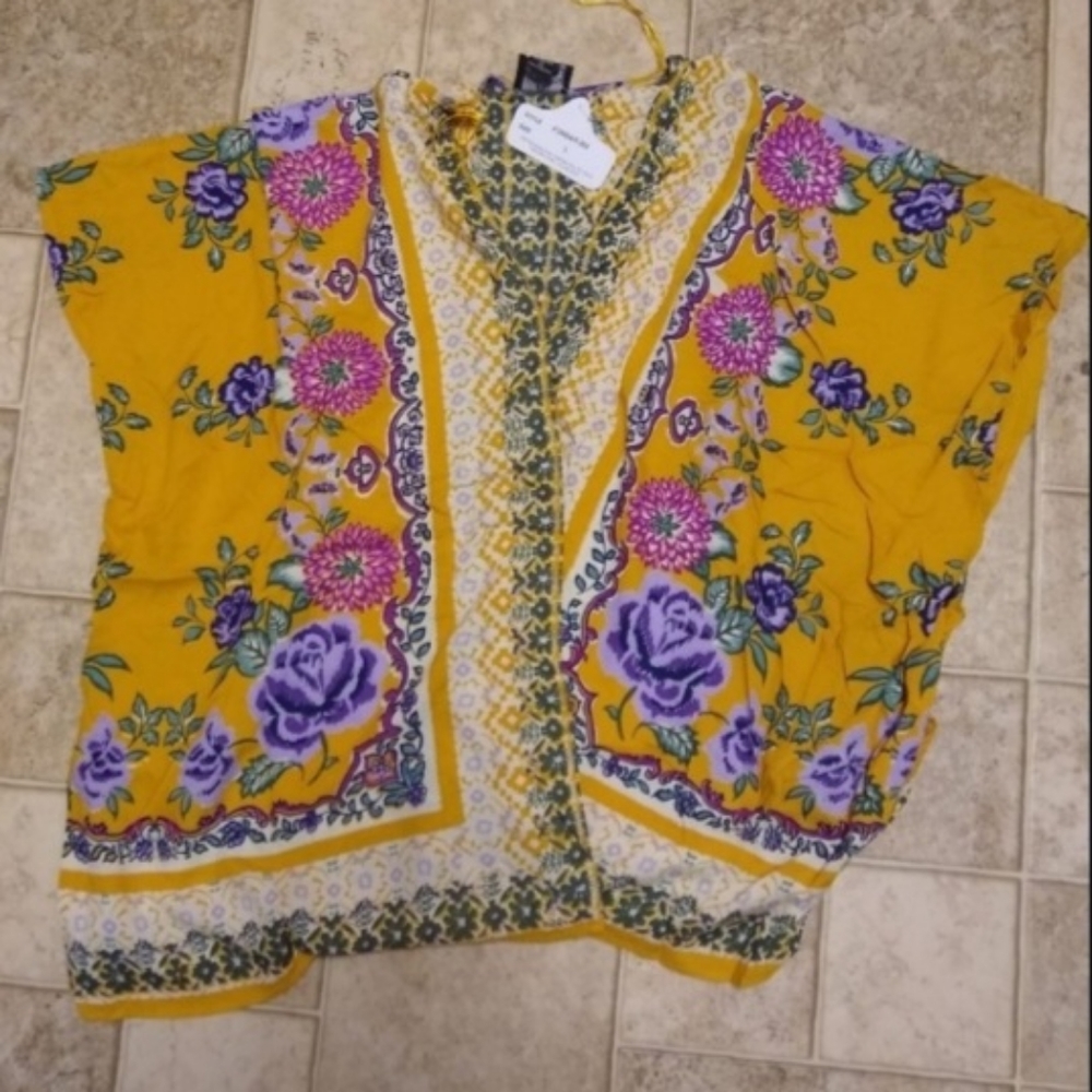 ShortSleeve Purple FloralPrint OpenFont WovenKimono Cardigan Golden - Picture 7 of 16